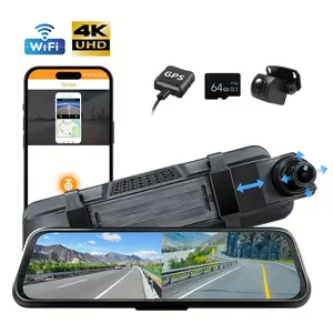 4K Mirror Dash Cam 9 66 Inch UHD Front Rear Dual Camera 2160P Night Vision Car DVR with WiFi GPS 64GB Memory Card Smart Rearview Mirror Dashcam Parking Assist Loop Recording G Sensor Wide Angle Video Recorder for Cars Trucks Ride Share Drivers Road Safety