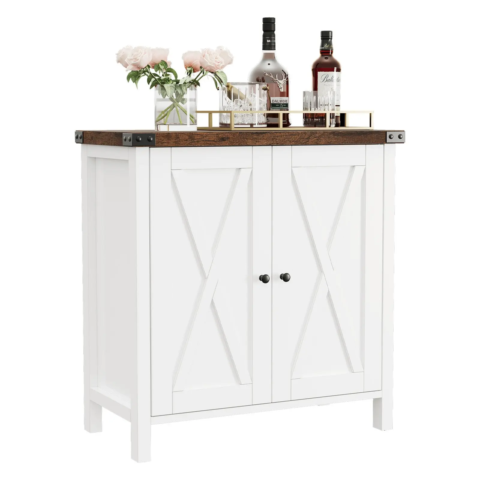 【GARVEE】Farmhouse Buffet Cabinet with Doors and Adjustable Shelves, MDF Wood Storage Sideboard for Entryway, Living Room, Dining Room, Available in White and Rustic Oak Finishes