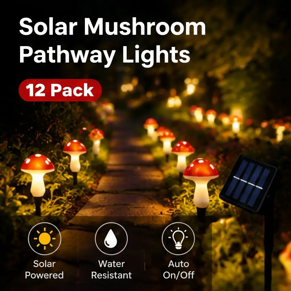 Solar Powered Mushroom Garden Stakes Lights, 12 LED Waterproof Outdoor Decorative Lamps, Dusk-to-Dawn Auto-On Home Improvement Outdoor Lighting for Pathway, Landscape