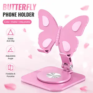 Pink Aluminum Alloy Butterfly Smartphone Holder Stand - 360-Degree Rotating, Multi-Angle Adjustable, Foldable Desktop Dock, Portable Cellphone Accessory for Home & Office Use, Ideal Gift