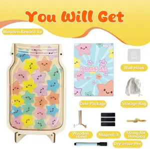 Magnetic Smiley Star Reward Jar for Kids & Teachers DIY  Natural Wood Acrylic 8.46in x 6.3in with 24 colourful stars , Perfect for Potty Training & Classroom Behavior Tracking Educational Learning Tools Kids Stuff Graduation Gift for Kids and Teachers