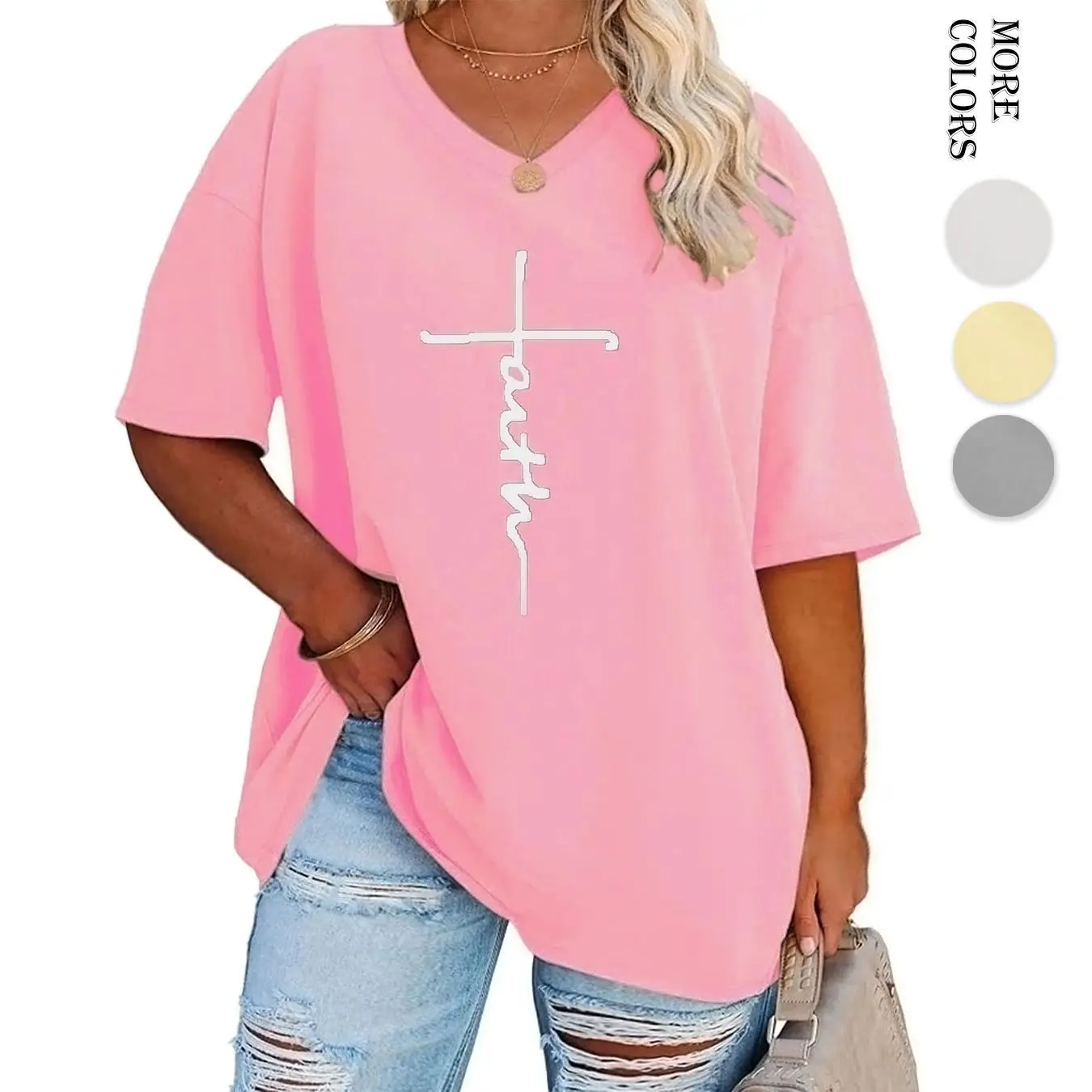 Renaishow Plus Size Women's Comfortable Loose V-Neck Short Sleeve Tshirt Top, Casual Drop Shoulder Faith Graphic Tee for Everyday Wear (Pairs with Skirts)