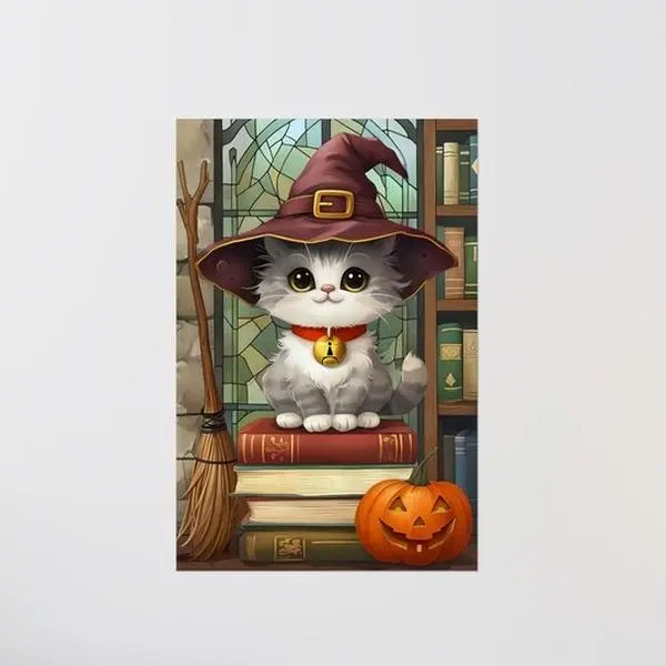 Whimsical Cat Halloween Poster, Cute Kitty Art Print, Cozy Home Decor, Seasonal Wall Art, Gift for Cat Lovers, Spooky Vibes