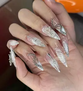 3D Press On Nails Opulent Ice-Glass with Chains & Chrome Art | Y2K Cyber Nails | Long Almond Luxury False Nails | Edgy Birthday Gift for Her
