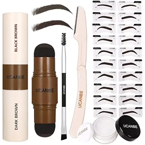 UCANBE #SohoChic 25PCS Cruelty-Free Eyebrow Stamp Stencil Kit - Dual-Color Pomade, 20 Reusable Stencils, Finishing Powder, Brush, Razor, Waterproof Zipper Pouch - Long-Lasting for All Skins Including Oily Skins, Brow Maintenance