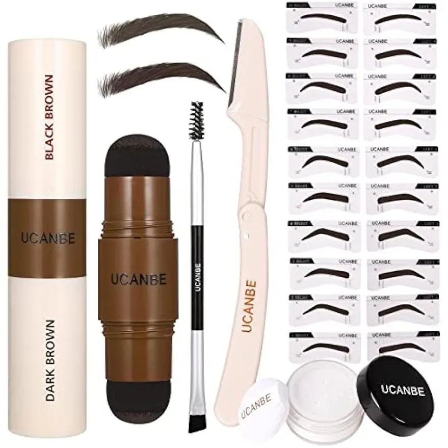 UCANBE 25PCS Eyebrow Stamp Stencil Kit, featuring a Dual-Color Eyebrow Stamp Pomade, 20 Reusable Stencils, Finishing Powder, Brush, Eyebrow Razor, all housed in a Waterproof Zipper Pouch. summerwins