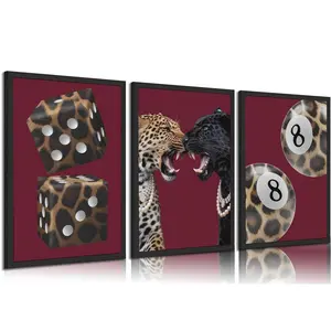 3pcs/set Frameless Red Leopard Print Wall Art Set of 3|Cheetah Animal Printables|8 Ball Dorm Room Decor|Digital Download Modern Boho Home Art Aesthetic