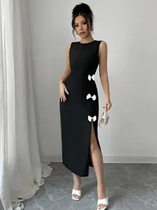 Women's Bow Decorated Split Fashion Vest Dress, Elegant Casual Summer, Stylish Party Wear, Comfortable Daily Clothing
