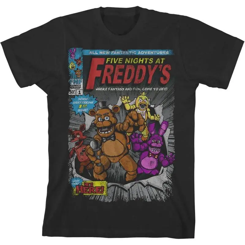 Five Nights at Freddy's Comic Cover Art Boy's Black T-Shirt Graphic Tees shirts for adult men boy kids funny vintage Crew Neck Short Sleeve tops vacation outfits clothing birthday gifts