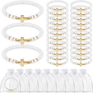 Ferreve 30 Sets Cross Bracelets Bulk Baptism Party Favors First Communion Gifts Christian Jesus Bracelets Religious Beaded Elastic Gifts for Graduation Baptism Church Wedding Party (White)