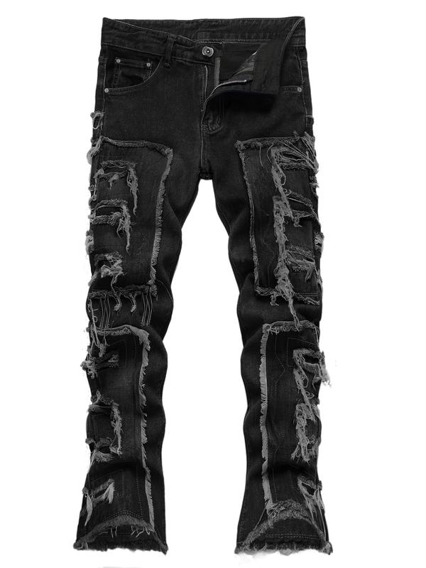 Men's micro-pull tassel patch Y2K style classic style jeans, 5 pocket design, cool men's pants, bootcut jeans men，fashionable casual wear