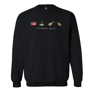 Puerto Rico Embroidered Sweatshirt, Boricua, Taino, Cotton, Black, Crewneck, Flag, Coquí, Guitar, Island, Palm Tree, Ocean, Latin Salsa Music