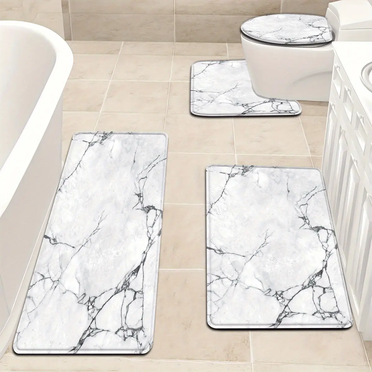 3pcs/4pcs Ink White Marble Pattern Bathroom Mat Set Toilet Seat Ring U-shaped Foot Pad