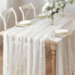 Mesh Table Runner, Pearl Table Runner, Wedding Veil, Dessert Tablecloth, Bohemian Style, Tulle Chiffon, Pearl Lace, Party Decoration Tablecloth, Wedding Arch Decoration Table Runner, Bridal Shower Decoration Fabric, Soft Texture, Careful Craftsmanship