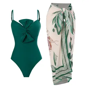 Women's V Neck Blue Print Bow Strap Non-Adjustable One-Piece Swimsuit and Matching Cover Skirt Set Summer Swimdress Swimming White Bathing Suit Stylish Beachwear