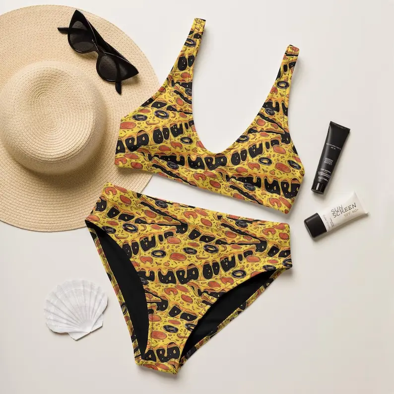 Funny Pizza Swimsuit, Foody Gift, High Waisted Bikini Set, Pizza Print Bikini Set Women High Waist 2 Piece Swimsuit Funny Food Pattern Bathing Suit Summer Beach Festival Vacation Cute Swim Wear Coverup Novelty Gift