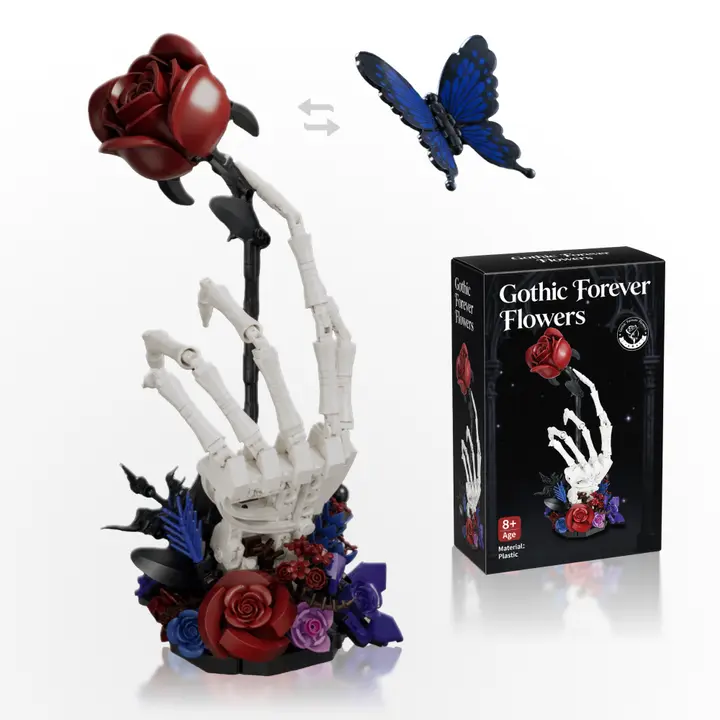 2-in-1 Skeleton Hand Rose & Butterfly Building Blocks Set, Gothic Floral Decor Kit for Adults, Interchangeable Forever Flower Display, Desk Shelf Decoration Gift,brick building sets ,halloween decor Decorative Forever
