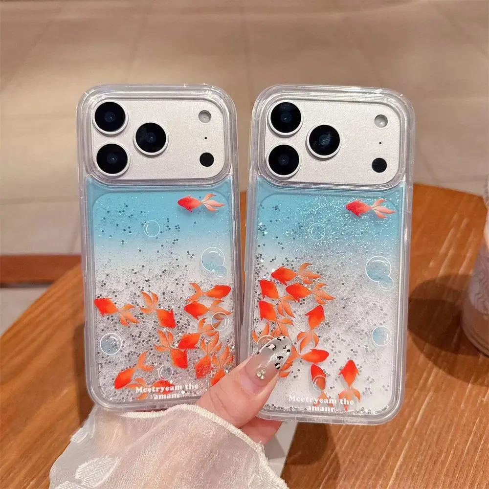 Goldfish Quicksand Liquid Case Cover for iPhone 17 16 15 Pro Max Phone Cases Back Coque Dynamic Glitter Moving Sand Shell Funda