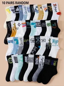 Men's Street Style Graffiti Letter Mid-Calf Socks, 10 Pairs Random Design, Casual Daily Wear, Comfortable & Versatile, Casual Stylish Socks