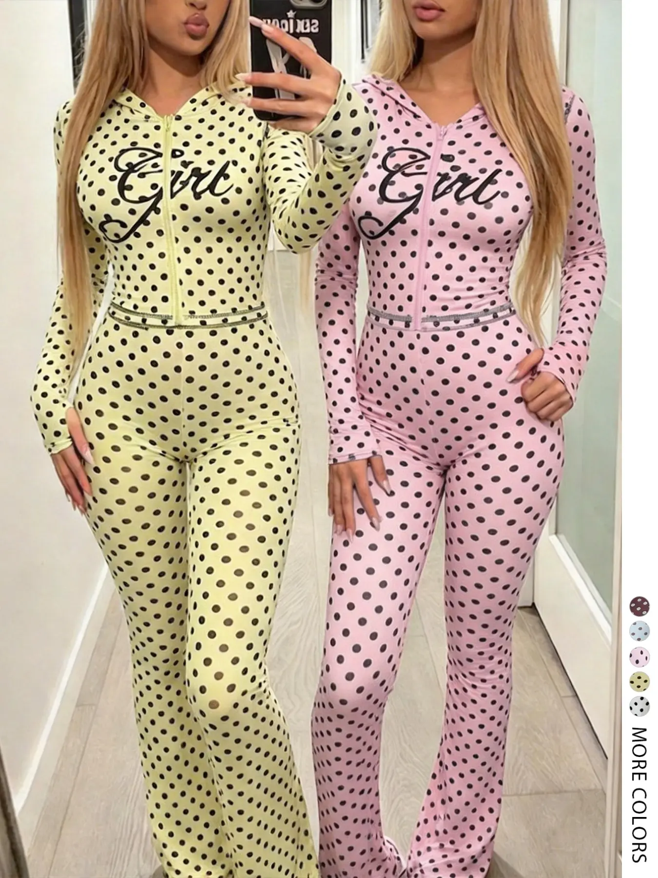 Lovelywholesale Us Womenswear Casual Polka Dot Crop Top Long Pants Set, Knit Clothing Sets, Four-Season Wear, Spring Style, Fitted Design, Natural Waist, Long Sleeves, Hooded Pants Set