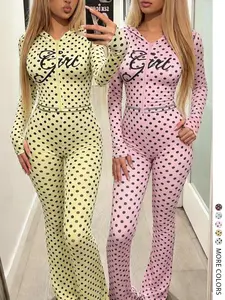 Lovelywholesale Us Casual Polka Dot Long Pants Set, Four-Season Wear, Spring Style, Fitted Design, Natural Waist, Long Sleeves