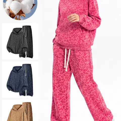Unisex Leopard Print 2 Piece Sweatsuit Set, Women’s Brushed Inside Hoodies and Wide Leg Pants, Casual Fleece Lined Cotton Blended Lounge Outfit Suits
