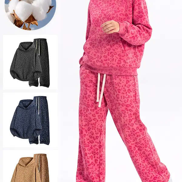 Unisex Leopard Print 2 Piece Sweatsuit Set, Women’s Brushed Inside Hoodies and Wide Leg Pants, Casual Fleece Lined Cotton Blended Lounge Outfit Suits