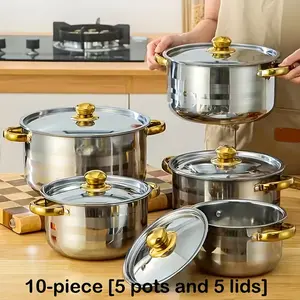 10pcs Stainless Steel Cookware Collection - A Must-Have for Induction Cooking, Includes Stockpot, Ricotta Pot, Double Handle with Lid, Ideal for Soup, Hotpot, Pasta, Seafood Soup, And Rice Cooking