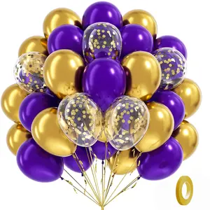 Purple And Gold Balloons, 60Pcs 12 Inch Purple Metallic Chrome Gold And Confetti Balloon For Wedding Graduation Birthday Party Decorations