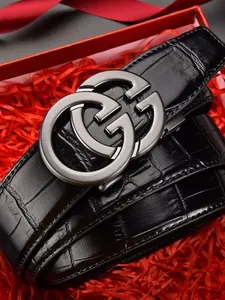 Men’s Double Ring Buckle Belt Croc Texture Gunmetal Gold Business Waist Accessory