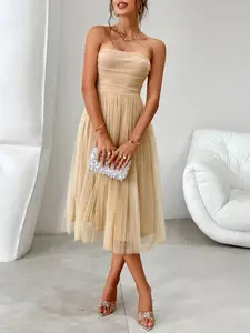 Women's Contrast Mesh Ruched Tie Back Strapless Tube Dress, Elegant Sleeveless Pleated A Line Dress for Party Evening Formal Wear, Ladies Spring & Fall Clothes, Womenswear