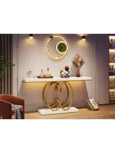 Emoottoo TB-XK00248 55 in. Geometric Entryway Faux Marble Console Table - White & Gold Finish