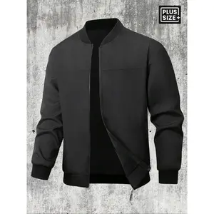 Men's Plus Size Solid Color Zip Up Jacket, Regular Fit Casual Long Sleeve Baseball Collar Outerwear for Spring & Fall, Men's Clothes for Daily Wear, Coats