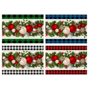 4pcs Christmas decorative placemats, holly leaf pine cone Christmas ball patterned coasters, vintage checkered Christmas decorative plate mats, dining table anti slip insulation mats, winter dining table mats, party supplies, holiday decorations