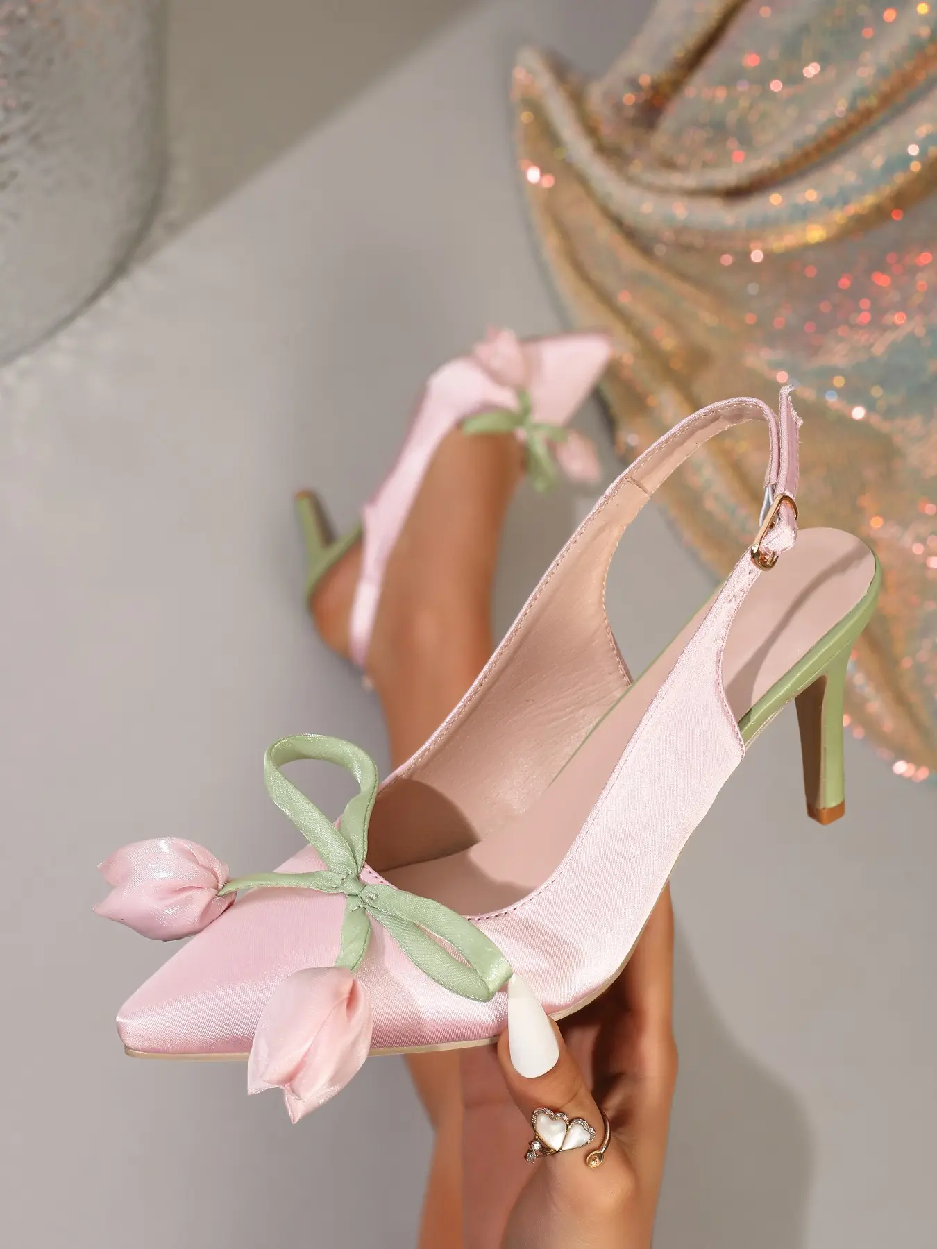 French Chic Tulip Pointed High Heel Sandals, Bow Summer Freshness Backless Shoes, Luxury Resort Party High Heels Women, Elegant Fashionable Sandals