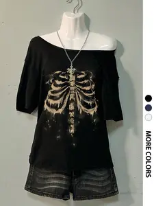 Women's Skeleton Print Off Shoulder Fitted Tee, Vintage Fashion Casual Streetwear Crew Neck T-Shirt for Daily Holiday Vacation Outdoor Wear, Ladies Clothes for All Seasons, Tops, Womenswear
