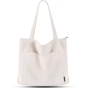 Prite Corduroy Tote Bag for Women Large Shoulder Bag with Zipper and Pockets for College Work Travel Shopping