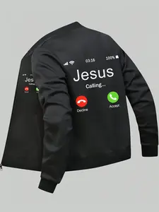 Men's Jesus Print Zip Up Jacket, Regular Fit Casual Fashion Comfy Stand Collar Long Sleeve Street Fashion Outerwear for Daily Outdoor Wear, Men Clothes for Spring & Fall, Coats