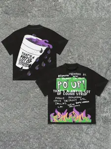 Men's Heavyweight 100% Combed Cotton T-Shirt - Double-Sided Cough Syrup Graphic Print, Loose Fit Crew Neck Casual Streetwear, All-Season Comfort Short Sleeve Tee, Summer Clothing, Bold Print Shirt, Soft Fabric Shirt