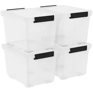 4-Pack 50 Quart Plastic Storage Bin Box Organizing Container with Lid and Secure Latching Buckles, Stackable Wheeled Box, Clear
