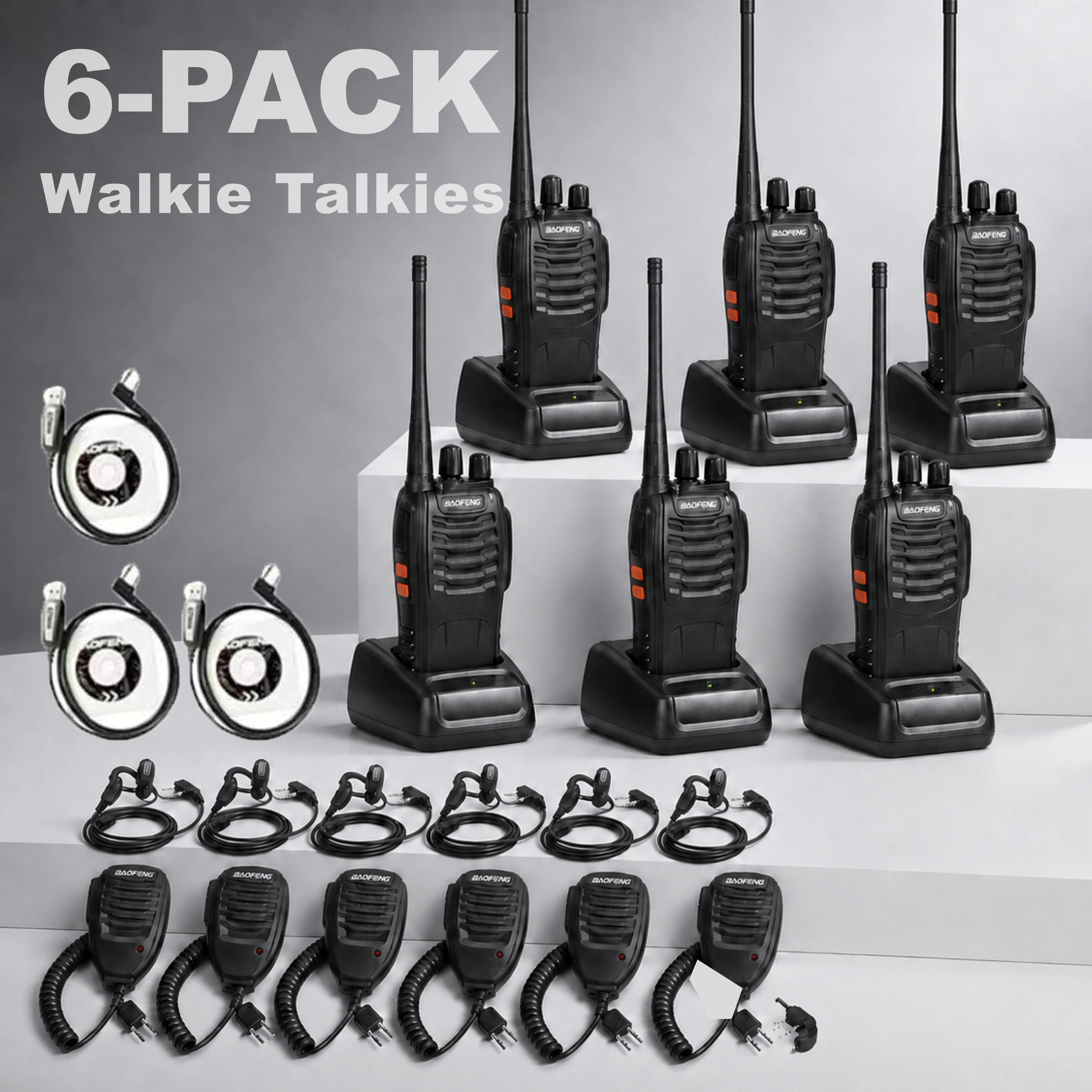 6Pcs Walkie Talkie BF-888S Set Portable Long Range Intercom for Adults 16 Channel Rechargeable Handheld Two Way Radios with Earpieces & Flashlight for Family Restaurant Walkie Talkie Set with Microphones