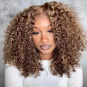 OQ HAIR 4/27 Wear Go Kinky Curly Wigs Highlight Brown Glueless Human Hair Wigs Pre-Bleached Invisible Knots 7x5 Pre Cut Lace Lace Front Wig for Women Preplucked Hairline