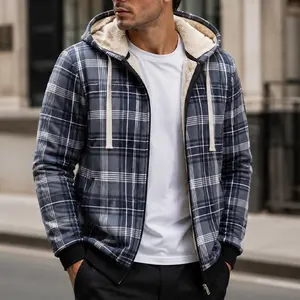 Men's Plaid Fleece Lined Zip-Up Hoodie, Heavyweight Sherpa Hooded Sweatshirt, Casual Plaid Jacket with Drawstring, Thick Warm Thermal Coat for Autumn and Winter Streetwear