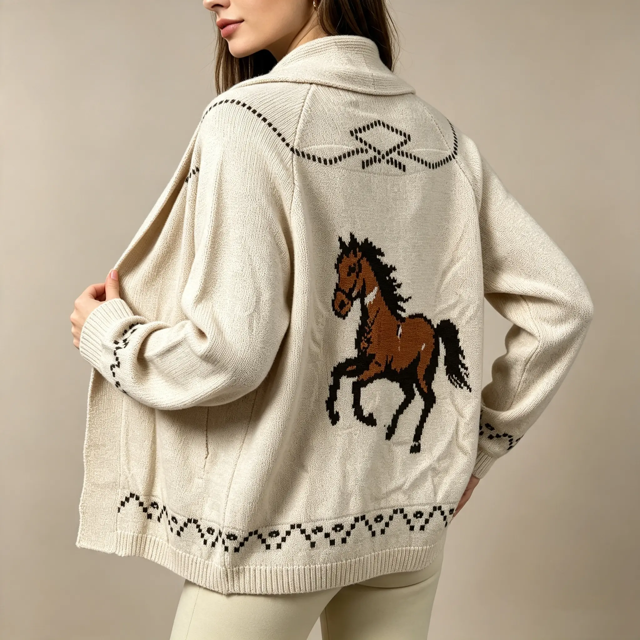Women's Western Horse Knit Cardigan, Vintage Cowboy Graphic Open Front Sweater Jacket, Lapel Collar Long Sleeve Loose Casual Knitted Outerwear for Fall Winter