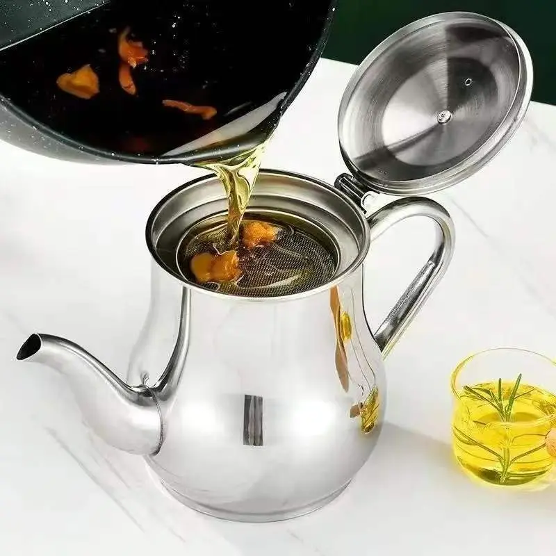 【Summervibes】Stainless steel oil bottle, household oil storage, filter, oil separator, multi-purpose condiment bottle, non-stick oil bottle, large capacity., 27oz 50oz Stainless Steel Oil Storage Pot for Storing Frying Oil and Cooking Grease