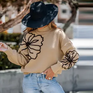 CUPSHE Khaki Floral Long Sleeve Turtleneck Fall Sweater Knitwear Womenswear Casual Tops Knitting Early Autumn Knitted Pullover Drop Shoulder Pullover oversized sweater
