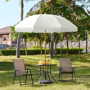 【Holiday Style】Yaheetech 7.5ft 8 Rib Patio Umbrella for 2-4 People, Glass Fiber Garden Parasol with Fringe, Outdoor Crank Operating Umbrella with Tiltable Canopy