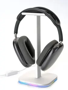 headphone stand, headset stand, 2 in 1, RGB multicolor, headphone holder for desk, tabletop, desk and gamer accessories, desk accessories, over-ear headphones, aluminium metal holder (White) Alloy Bluetooth
