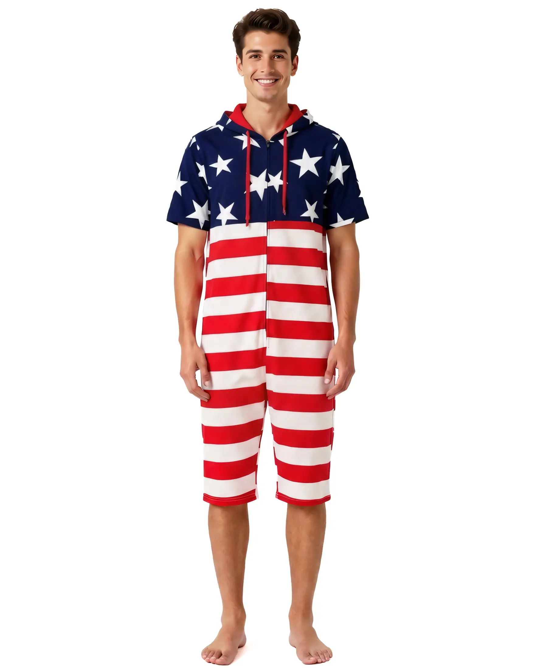 Men's American Flag Cotton Casual Overalls - Zip-Up Hooded Short-Sleeve Jumpsuit, Menswear Apparel for Sleepwear & Loungewear