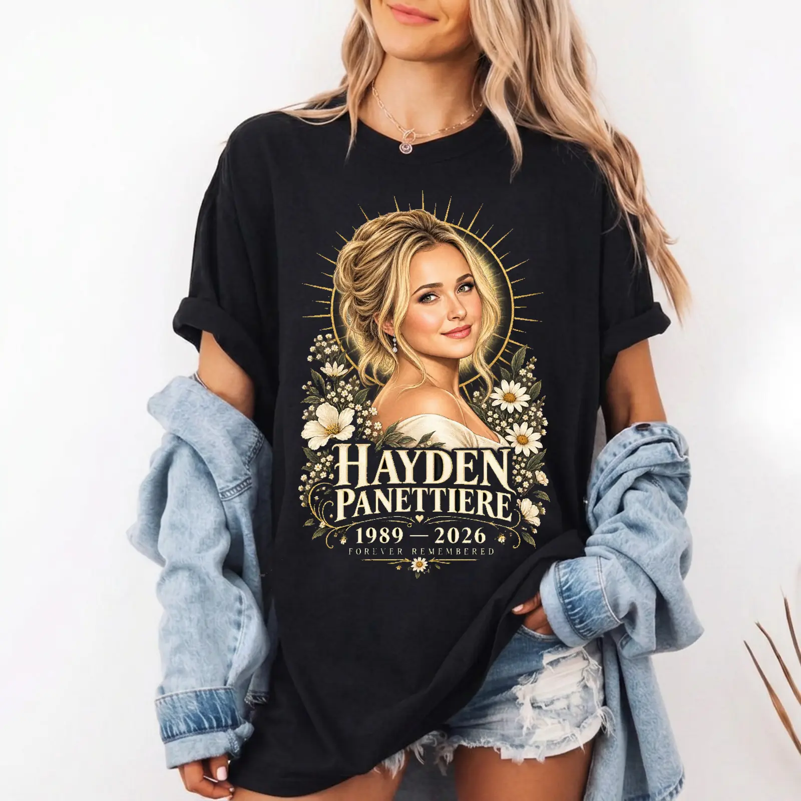 Hayden Panettiere Floral Memorial T-Shirt 1989-2026 | Forever Remembered Tribute Shirt | Vintage Flower Halo RIP Angel T-Shirt